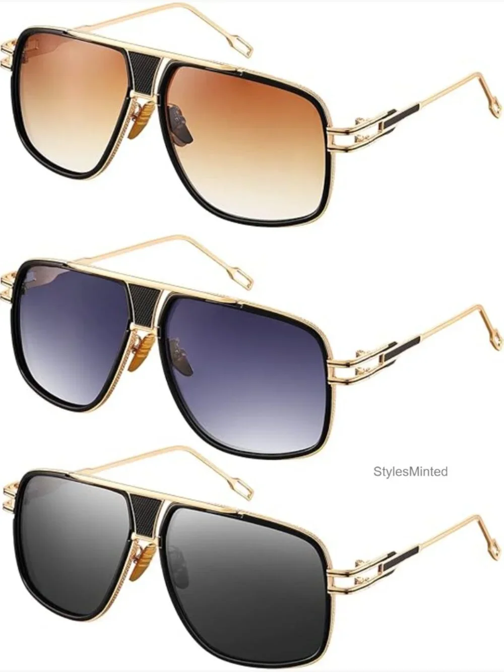 Oversized Retro Square Sunglasses for Men - 3 Pair Set Gold Metal Frame UV